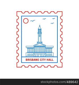 BRISBANE CITY HALL postage stamp Blue and red Line Style, vector illustration