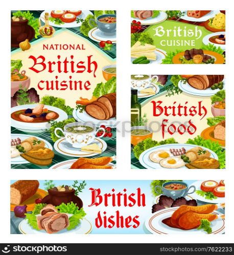 Britain cuisine, English food vector kok-e-liki scotch soup, scotch smoked trout plate and kidney soup, beef wellington meals. Candied fruit pie, cucumber sandwich and eggs, British dishes posters set. Britain cuisine, English food vector dishes set