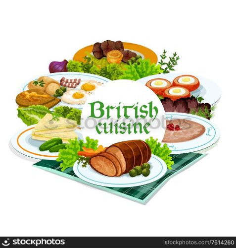 Britain cuisine vector meals scottish eggs, broccoli and vegetable pure and roast beef with yorkshire pudding. Classic cucumber sandwich, English breakfast and oatmeal with berries dishes round frame. Britain cuisine vector English meals round frame