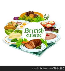 Britain cuisine vector meals scottish eggs, broccoli and vegetable pure and roast beef with yorkshire pudding. Classic cucumber sandwich, English breakfast and oatmeal with berries dishes round frame. Britain cuisine vector English meals round frame