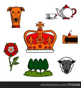 Britain royal crown adorned by heraldic elements with sketches of national symbols of Great Britain such as heraldic tudor rose and tea set, fruitcake and Buckingham park, dog and sheep . Traditional symbols of Great Britain