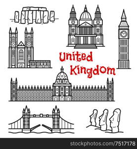 British and chilean architecture landmarks and historical attractions isolated sketch icons with Big Ben, Tower Bridge, Stonehenge, moai stone figures, Windsor castle, St. Paul cathedral and Westminster palace. British and chilean travel landmarks sketches