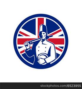 British Baker Union Jack Flag Icon. Icon retro style illustration of a British baker, chef or cook holding a rolling pin and plate with United Kingdom UK, Great Britain Union Jack flag set inside circle on isolated background.. British Baker Union Jack Flag Icon