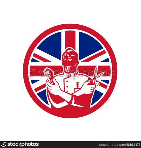 British Barber Union Jack Flag Icon. Icon retro style illustration of a British barber with scissors and hair trimmer with United Kingdom UK, Great Britain Union Jack flag set inside circle on isolated background.. British Barber Union Jack Flag Icon