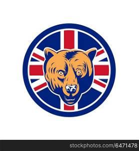 British Bear Union Jack Flag Icon. Icon retro style illustration of a British brown bear head with United Kingdom UK, Great Britain Union Jack flag set inside circle on isolated background.. British Bear Union Jack Flag Icon