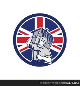 British Building Contractor UK Flag Icon. Icon retro style illustration of a British building contractor, builder, handyman, carpenter carrying house with United Kingdom UK, Great Britain Union Jack flag set inside circle isolated background.. British Building Contractor UK Flag Icon
