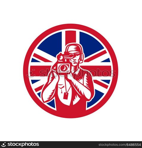 British Cameraman Union Jack Flag Icon. Icon retro style illustration of a British cameraman or camera operator for motion pictures, film or television with United Kingdom UK, Great Britain Union Jack flag set in circle isolated background.. British Cameraman Union Jack Flag Icon
