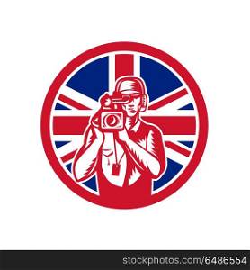 British Cameraman Union Jack Flag Icon. Icon retro style illustration of a British cameraman or camera operator for motion pictures, film or television with United Kingdom UK, Great Britain Union Jack flag set in circle isolated background.. British Cameraman Union Jack Flag Icon