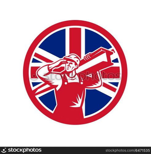 British Construction Worker Union Jack Flag Icon. Icon retro style illustration of a British construction worker carrying an I-beam on shoulder while saluting with United Kingdom UK, Great Britain Union Jack flag set in circle isolated background.. British Construction Worker Union Jack Flag Icon