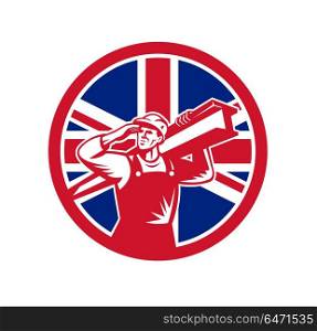 British Construction Worker Union Jack Flag Icon. Icon retro style illustration of a British construction worker carrying an I-beam on shoulder while saluting with United Kingdom UK, Great Britain Union Jack flag set in circle isolated background.. British Construction Worker Union Jack Flag Icon