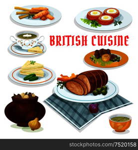 British cuisine cartoon icon with fish and fries, vegetable irish stew, roast beef with yorkshire pudding, baked beef, cucumber sandwiches, watercress cream soup, baked scotch eggs, sorrel soup. British cuisine dinner menu cartoon icon