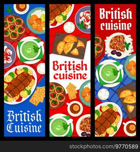 British cuisine meals banners. Plum crumble pie, Sorrel cream soup and roast beef with potatoes, cornish pastry, Tikka Masala and strawberry meringue dessert Eton Mess, yorkshire pudding, black tea. British cuisine restaurant meals vertical banners