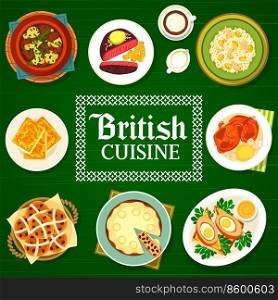 British cuisine meals menu cover vector template. Scotch eggs, baked rabbit and Irish stew, coffee, duck pie and cheese toast, rice fish kedgeree, hot cross buns and beef steak. British cuisine dishes menu cover vector template