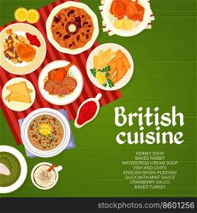 British cuisine menu cover template. Cranberry sauce, duck with mint sauce and baked rabbit, baked turkey, English pudding and watercress cream soup, fish with chips, Irish coffee and kidney soup. British cuisine restaurant menu cover template