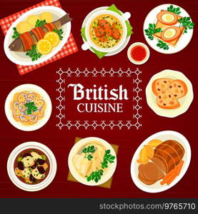 British cuisine menu cover template. Lamb soup, chicken soup with prunes and potato anchovy salad, cod with mustard sauce, Scotch eggs and roast beef, fruit cake baked trout wrapped in bacon. British cuisine meals menu cover design template