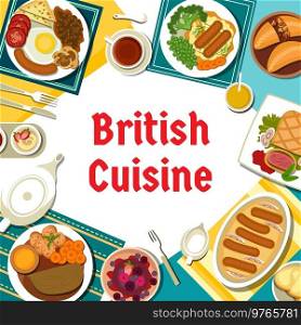 British cuisine menu cover template. Yorkshire pudding, English breakfast and berry pudding, roast beef with vegetables, bangers and mash with onion gravy, meat pastry cornish pasty, beef Wellington. British food restaurant menu cover template
