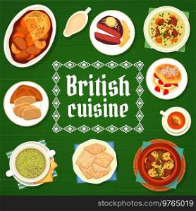 British cuisine menu cover with vector frame of English food. Restaurant dishes of Irish stew, beef Wellington and steak, tea with scones, clotted cream and oat biscuits, sorrel soup, lamb with sauce. British cuisine menu cover with English food frame