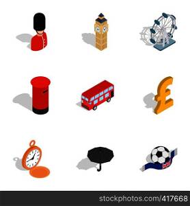 British culture icons set. Isometric 3d illustration of 9 British culture vector icons for web. British culture icons, isometric 3d style