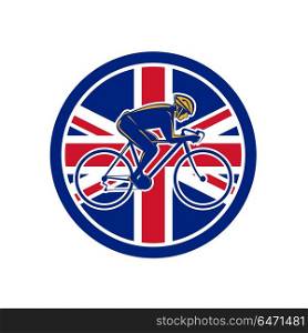 British Cyclist Cycling Union Jack Flag Icon. Icon retro style illustration of a British cyclist cycling riding a racing road bicycle viewed from side with United Kingdom UK, Great Britain Union Jack flag set inside circle on isolated background.. British Cyclist Cycling Union Jack Flag Icon