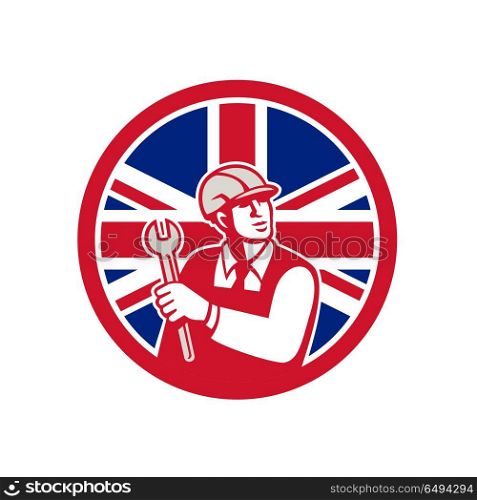 British Engineer Union Jack Flag Icon. Icon retro style illustration of a British mechanical engineer holding a spanner or wrench with United Kingdom UK, Great Britain Union Jack flag set inside circle on isolated background.. British Engineer Union Jack Flag Icon