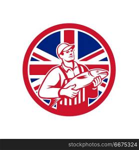 British Fishmonger Union Jack Flag Mascot. Icon retro style illustration of a British fishmonger selling fish with United Kingdom UK, Great Britain Union Jack flag set inside circle on isolated background.. British Fishmonger Union Jack Flag Mascot