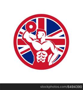 British Fitness Gym Union Jack Flag Icon. Icon retro style illustration of a British fitness gym showing a bodybuilder with dumbbell with United Kingdom UK, Great Britain Union Jack flag set inside circle on isolated background.. British Fitness Gym Union Jack Flag Icon