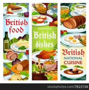 British food vector meals English dishes kok-e-liki scotch soup, cod with sauce and scotch smoked trout plate. Kidney soup, beef wellington and scottish eggs, cucumber sandwich Britain cuisine banners. British food vector meals English dishes banners