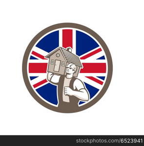 British House Removal Union Jack Flag Icon. Icon retro style illustration of a British house removal or mover carrying a house with United Kingdom UK, Great Britain Union Jack flag set inside circle on isolated background.. British House Removal Union Jack Flag Icon
