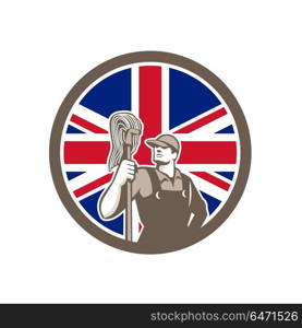 British Industrial Cleaner Union Jack Flag Icon. Icon retro style illustration of a British professional industrial cleaner or cleaning services worker holding mop with United Kingdom UK, Great Britain Union Jack flag set inside circle.. British Industrial Cleaner Union Jack Flag Icon