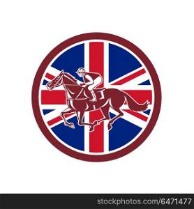 British Jockey Horse Racing Union Jack Flag. Icon retro style illustration of a British jockey or equestrian horse racing viewed from side with United Kingdom UK, Great Britain Union Jack flag set inside circle on isolated background.. British Jockey Horse Racing Union Jack Flag