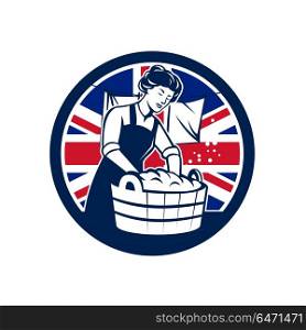 British Laundry Union Jack Flag Icon. Icon retro style illustration of a vintage British housewife washing laundry with United Kingdom UK, Great Britain Union Jack flag set inside circle on isolated background.. British Laundry Union Jack Flag Icon