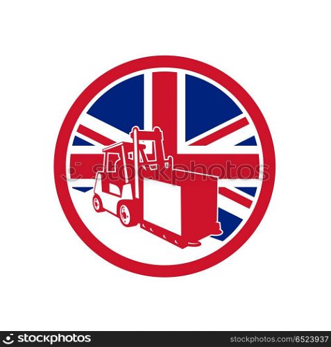 British Logistics Union Jack Flag Icon. Icon retro style illustration of a British logistics operations with forklift truck with United Kingdom UK, Great Britain Union Jack flag set inside circle on isolated background.. British Logistics Union Jack Flag Icon