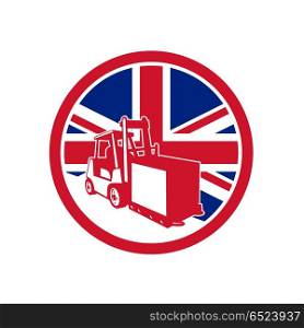 British Logistics Union Jack Flag Icon. Icon retro style illustration of a British logistics operations with forklift truck with United Kingdom UK, Great Britain Union Jack flag set inside circle on isolated background.. British Logistics Union Jack Flag Icon