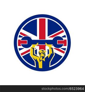 British Mechanic Union Jack Flag Icon. Icon retro style illustration of a British automotive mechanic lifting spanner with United Kingdom UK, Great Britain Union Jack flag set inside circle on isolated background.. British Mechanic Union Jack Flag Icon