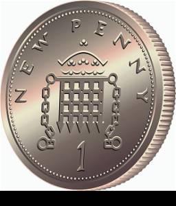 British money bronze coin new one penny with portcullis and crown, isolated on white background