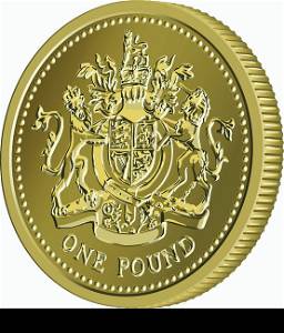 British money gold coin one pound with the image of a heraldic lion, unicorn, shield and crown, isolated on white background