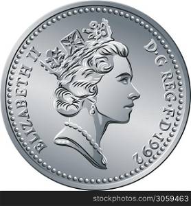 British money silver coin Ten pee or ten pence, queen on obverse. Vector British money silver coin 10 pence