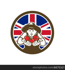 British Organic Grown Produce Union Jack Flag Icon . Icon retro style illustration of a British organic grown produce tomato farmer with United Kingdom UK, Great Britain Union Jack flag set inside circle on isolated background.. British Organic Grown Produce Union Jack Flag Icon