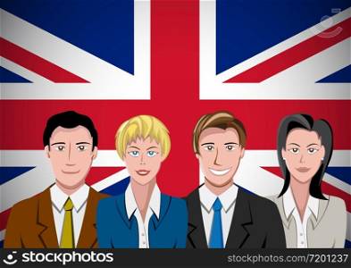 British people, ahead of the flag. Portrait of teamwork in flat design. Vector cartoon