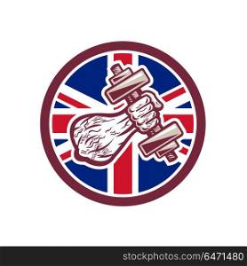 British Personal Trainer Dumbbell UK Flag Icon. Icon retro style illustration of a British personal trainer ripped hand lifting a dumbbell with United Kingdom UK, Great Britain Union Jack flag set inside circle on isolated background.. British Personal Trainer Dumbbell UK Flag Icon