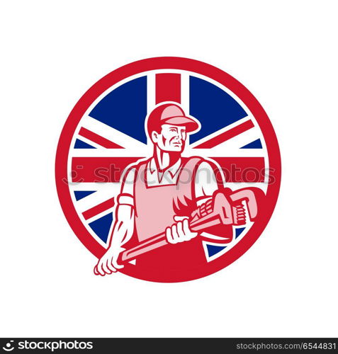 British Plumber and Gasfitter Union Jack Icon . Icon retro style illustration of a British plumber and gasfitter holding monkey wrench with United Kingdom UK, Great Britain Union Jack flag set inside circle on isolated background.. British Plumber and Gasfitter Union Jack Icon