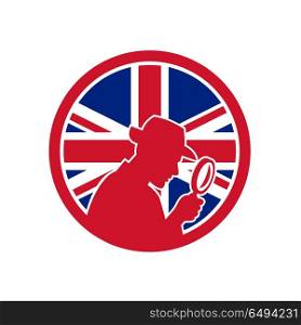 British Private Investigator Union Jack Flag Icon. Icon retro style illustration of a British private investigator silhouette with magnifying glass with United Kingdom UK, Great Britain Union Jack flag set inside circle on isolated background.. British Private Investigator Union Jack Flag Icon