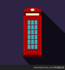 British red phone booth icon in flat style on a violet background. British red phone booth icon, flat style