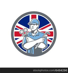 British Refrigeration Mechanic Icon. Icon retro style illustration of a British Refrigeration Mechanic, air conditioning or air-con serviceman holding manifold gauge with United Kingdom UK, Great Britain Union Jack flag set in circle.. British Refrigeration Mechanic Icon