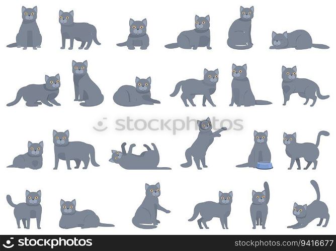 British Shorthair cat icons set cartoon vector. Funny animal. Cute cat. British Shorthair cat icons set cartoon vector. Funny animal