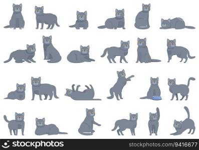 British Shorthair cat icons set cartoon vector. Funny animal. Cute cat. British Shorthair cat icons set cartoon vector. Funny animal