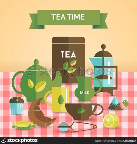 British traditional high tea time retro style poster with teapot croissant cupcake and candies abstract vector illustration. Tea time vintage decorative poster print
