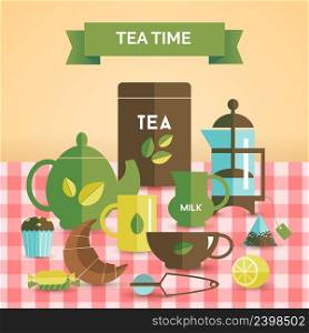 British traditional high tea time retro style poster with teapot croissant cupcake and candies abstract vector illustration. Tea time vintage decorative poster print