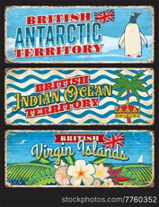 British Virgin Islands, Antarctic, Indian Ocean territories travel stickers and plates. Britain territories travel destination vector retro plates, tourist souvenir card with penguin, wave and flowers. Virgin Islands, Antarctic, Indian Ocean regions
