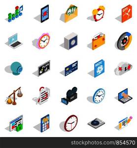 Broadcast icons set. Isometric set of 25 broadcast vector icons for web isolated on white background. Broadcast icons set, isometric style